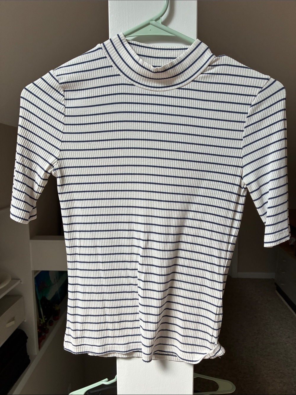 Madewell XS Striped Ribbed Mock Neck Top - White & Navy